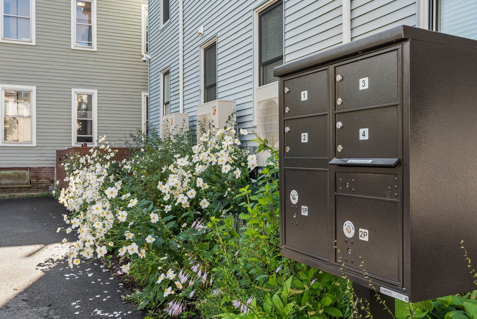 On-site mailboxes beside the walkway