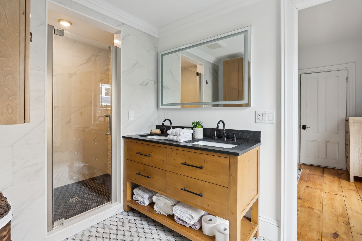 Full bath with vanity and glass shower, Residence One